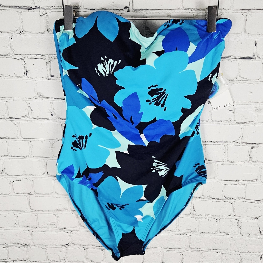 ANNE COLE | floral bandeau strapless removable straps one piece swim suit